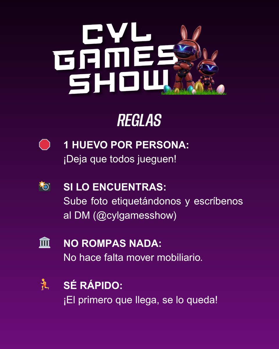 CylGamesShow's tweet image. 🐰🥚 La caza comienza mañana!
⏰ Jueves, 16:00

Llega el Easter Egg de CyL Games Show 🎮✨
Atento, mañana comienza la búsqueda.

🔎 Explora y encuentra los huevos repartidos por Zamora
💻 Y si no puedes salir… ¡también habrá caza en nuestra web!

#CyLGamesShow #EasterEgg #Zamora
