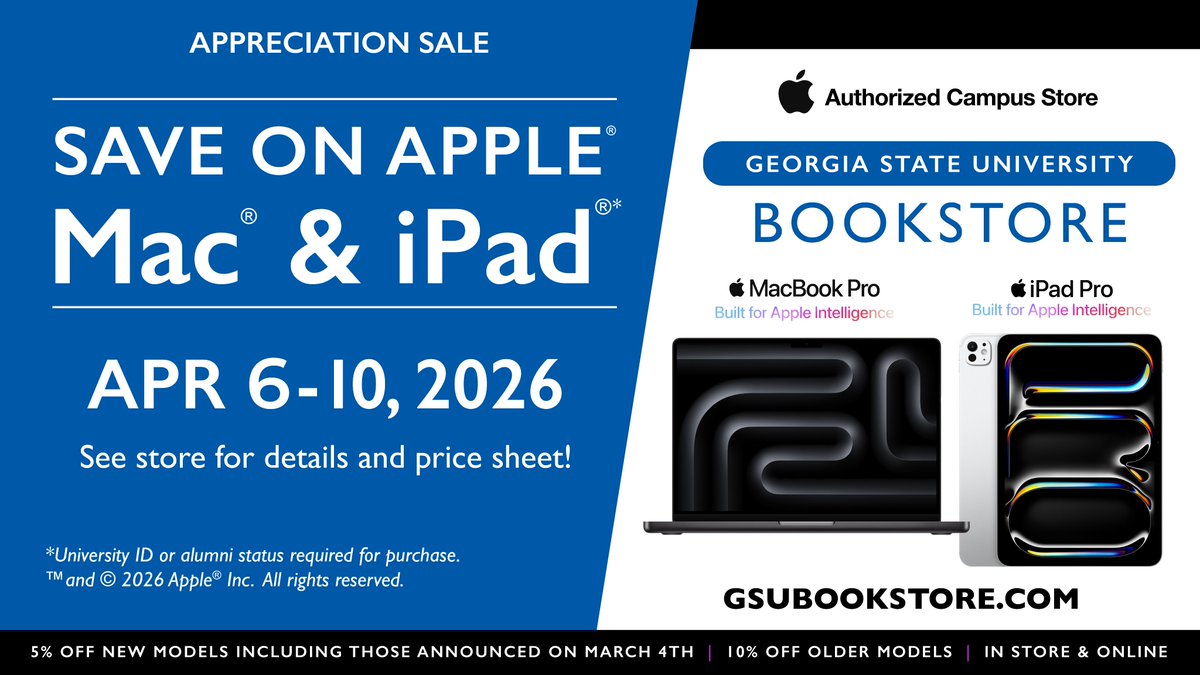 GaStateAlumni's tweet photo. In the market for a new laptop or iPad? The Georgia State University Bookstore is having a sale on Apple products April 6–10, with 5–10% off our already low educationally discounted prices. Save on MacBooks and iPads.

https://t.co/flGeFyVJJq https://t.co/QXpxa0EkuC