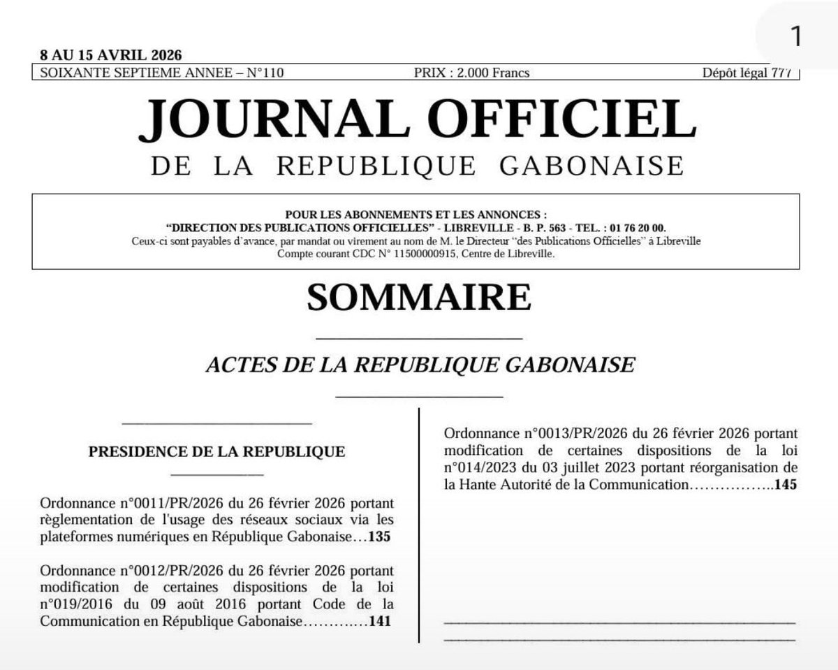 Alerte 🔔 info: Nouvelle ordonnance publiée au journal officiel. 
Elle porte sur la réglementation de l'usage des réseaux sociaux via les plateformes en République Gabonaise.

#pointnoirtv 
#journalofficiel