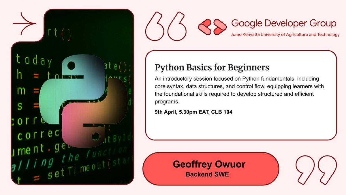 gdgcampusJKUAT's tweet image. 🚀 Want to learn Python?

Join our Python Basics for Beginners session 
April 9 | 5:30PM EAT
📍 CLB 104

Perfect for beginners 👩‍💻👨‍💻

RSVP👇
gdg.community.dev/events/details…

#Python #GDG #Coding #programming