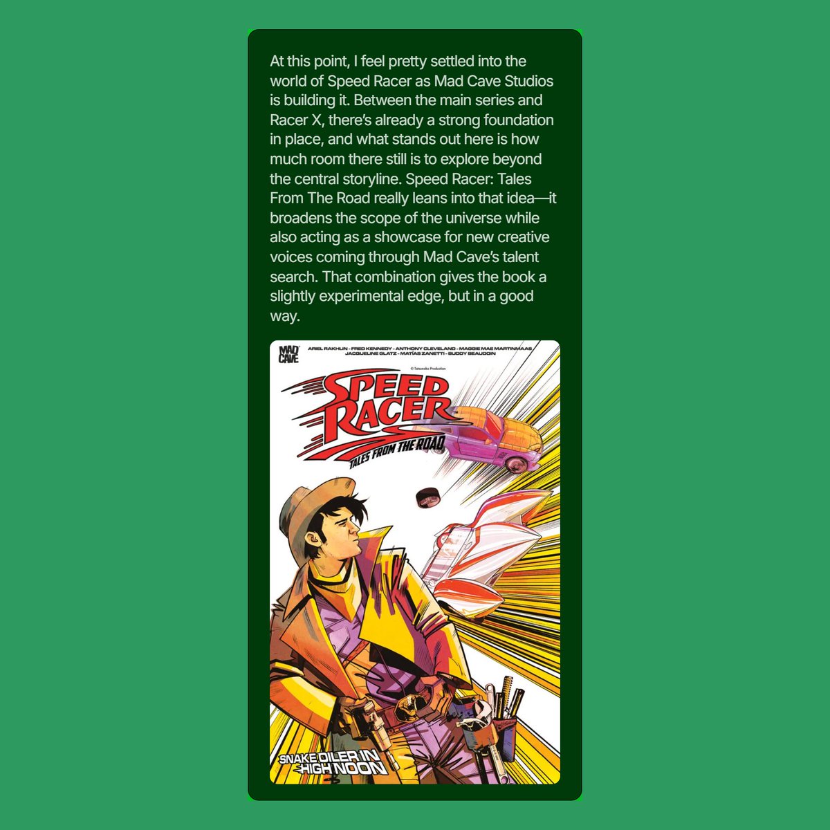 michaeljnimmo's tweet image. Review - Speed Racer: Tales from the Road – High-Speed Noon
From @MadCaveStudios 

comics.3millionyears.co.uk/p/review-speed…

#Review #SpeedRacer #MadCave