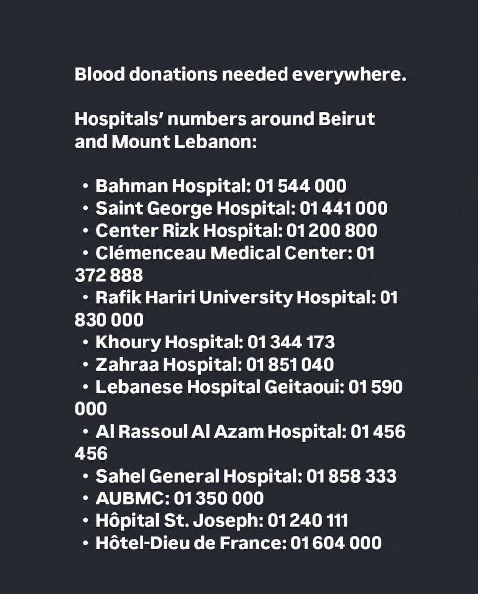 Sharing a list of hospitals in Lebanon in need of blood donations. Every act can save a life.