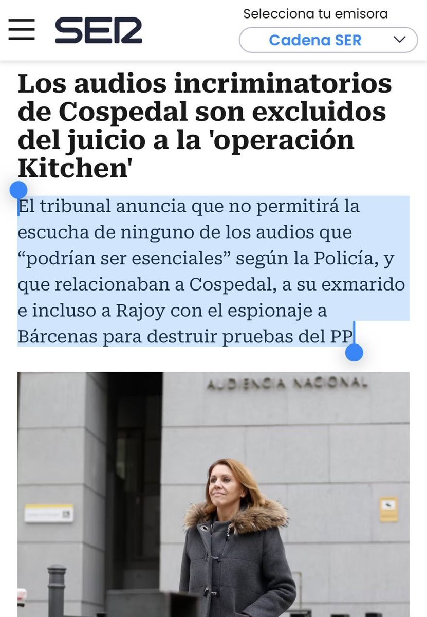El tribunal no permitirá la escucha de ninguno de los audios que “podrían ser esenciales” según la Policía, y que relacionaban a Cospedal, a su exmarido e incluso a Rajoy con el espionaje a Bárcenas para destruir pruebas del PP. cadenaser.com/nacional/2026/… vía <a href="/La_SER/">Cadena SER</a>