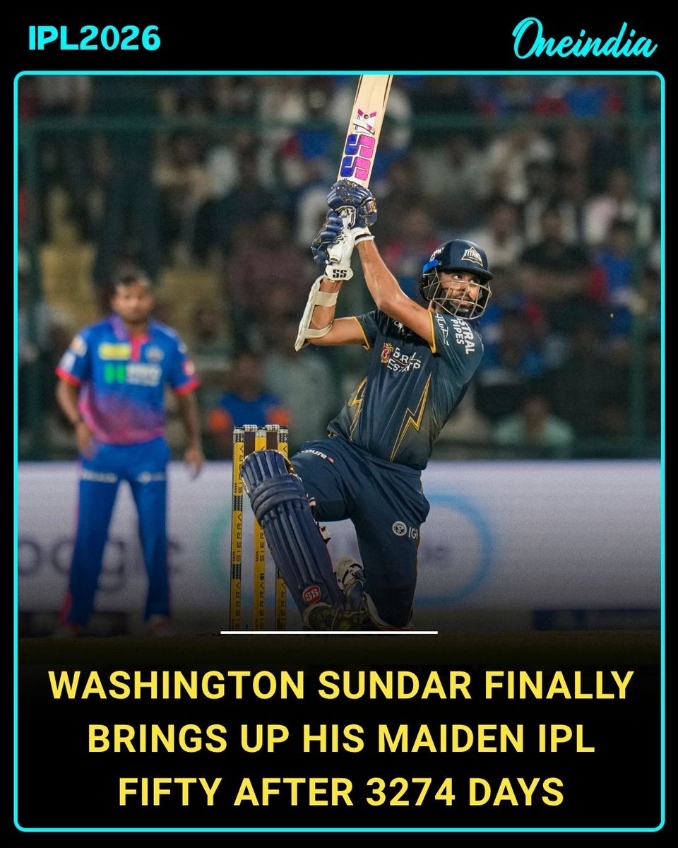 Oneindia's tweet image. After 3,274 days, Washington Sundar finally smashes his maiden IPL fifty! Patience pays off in style

#WashingtonSundar #IPL2026 #DCvsGT #SportsUpdate #OI