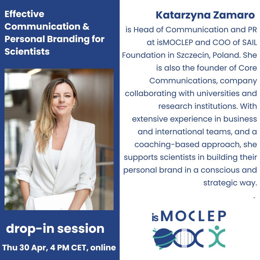 isMOCLEP's tweet photo. How can scientists build a strong personal brand? 🔬✨

Join Katarzyna Zamaro in a drop-in session on shaping your academic identity and communicating your impact.

📅 Drop-in session: Thu 30 April, 4 PM CET https://t.co/0Iu3gsiNiH