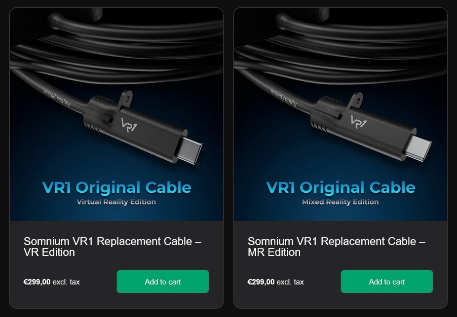 SomniumSpace's tweet image. We are excited to announce that official replacement cables for Somnium VR1 headsets are now available at our store! 

➡️ store.somniumspace.com 

✅Virtual Reality variant - for all Models
✅Mixed Reality variant - for Ultimate Edition MR cameras

📦 Shipping time: 2-5 days!