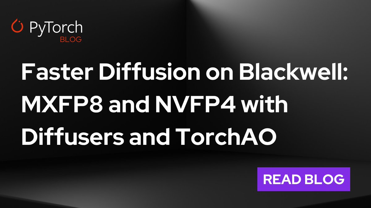 Improve latency up to 1.68x with NVFP4 and MXFP8 using Diffusers and TorchAO on Blackwell across a suite of different models 🔥. 

Squeeze out maximum performance with recipes involving selective quantization and regional compilation.

🔗 Read our latest blog from <a href="/vkuzo/">Vasiliy Kuznetsov</a> (<a href="/Meta/">Meta</a>)