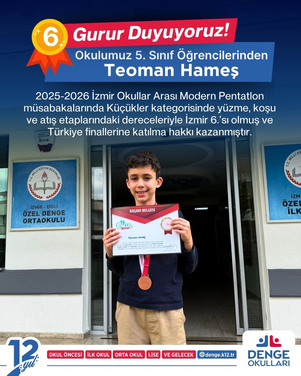 dengeokullari's tweet photo. Yüzme, koşu, ve atış etaplarını başarıyla tamamlayan 5.Sınıf öğrencimiz Teoman Hameş, Küçükler kategorisinde İzmir 6.’sı olarak bizleri gururlandırdı. Bu başarısıyla Türkiye finallerine katılma hakkı kazanan Teoman’ı ve emeği geçen öğretmenlerimizi tebrik eder, başarılar dileriz. https://t.co/yUlsm6yvJT