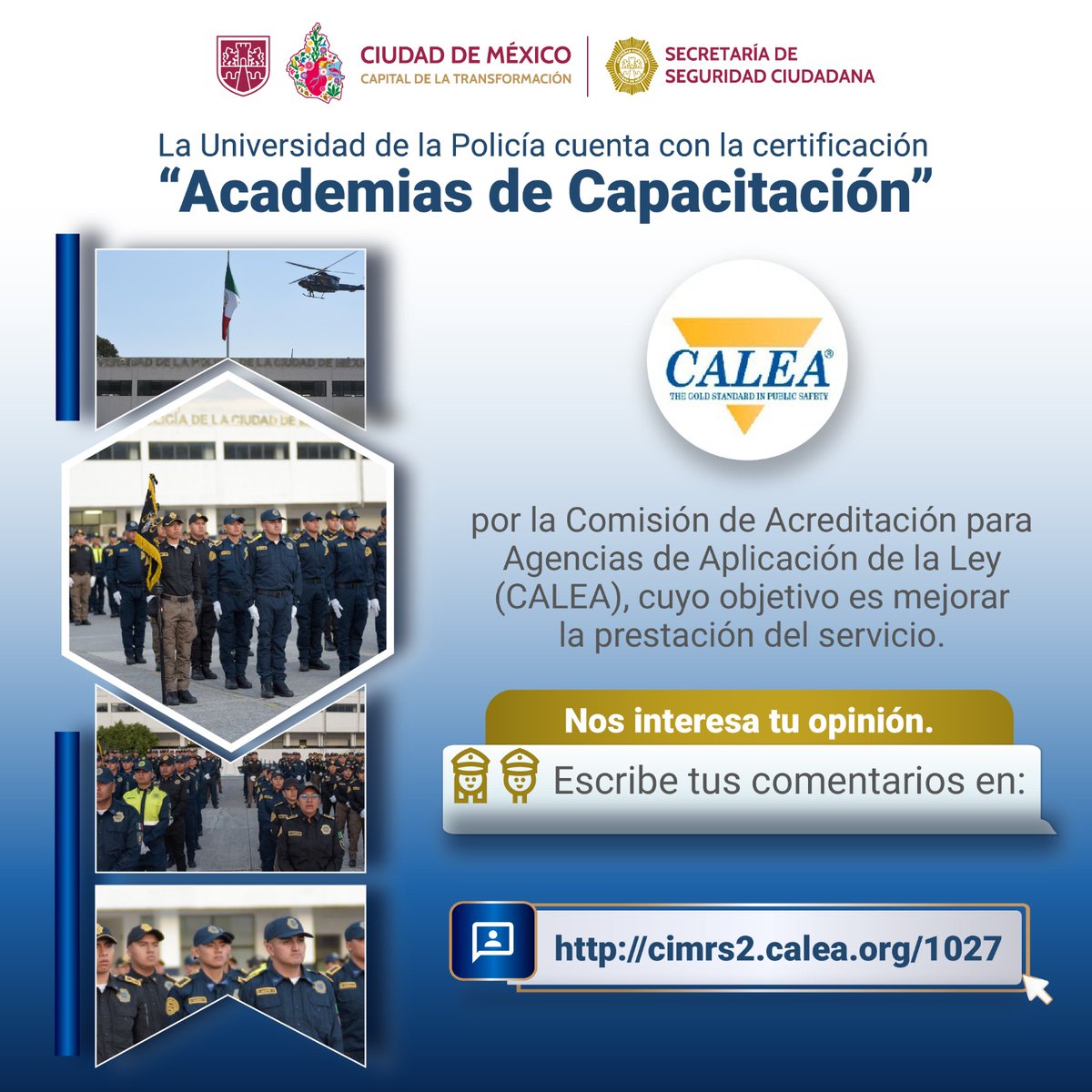 SSC_CDMX's tweet photo. En la #UniversidadDeLaPolicía de la #CiudadDeMéxico contamos con la certificación #AcademiasDeCapacitación por la #CALEA, al cumplir con estándares internacionales que fortalecen la formación policial y mejoran los servicios de seguridad. 👮🏻👮🏻♀️👮🏻♂️
Tu opinión es fundamental para seguir avanzando. 💬
Compartenos tus comentarios aquí 👇🏼
https://t.co/smbXAUgxbs