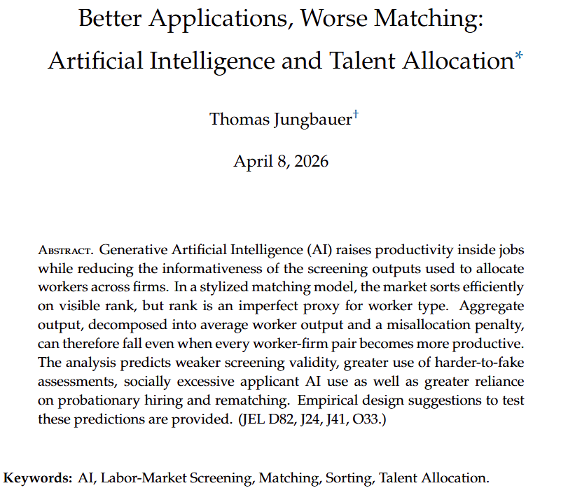 tjungbau's tweet photo. My new paper "Better Applications, Worse Matching: Artificial Intelligence and Talent Allocation" aims to separate the AI effects of screening and productivity, posing the question when AI improves aggregate labor market output (https://t.co/AayP66S3NU). https://t.co/ul6lqWrlxY