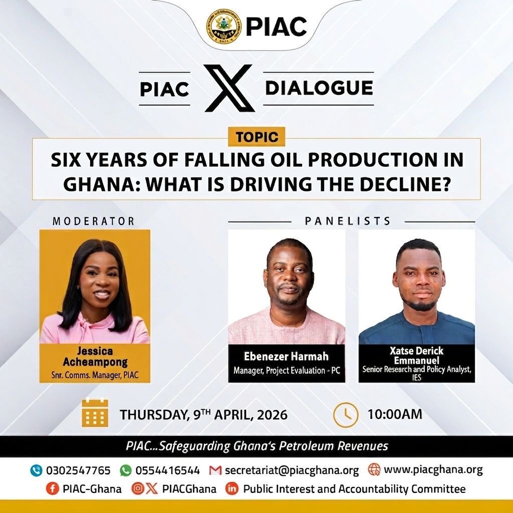 PIACGhana's tweet photo. Ghana’s oil production has been on a steady decline for the past six years. What factors are driving this trend, and what does it mean for the country’s petroleum revenues and economic future?

Join us on X for an engaging conversation on “Six Years of Falling Oil Production in Ghana: What Is Driving the Decline?” as we unpack the key issues, explore expert perspectives, and discuss the implications for petroleum revenue management.

🗓️ Date: Thursday, 9th April, 2026 ⏰ Time: 10am 📍 Venue: Live on X @PIACGhana
Be part of the discussion and share your views on the future of Ghana’s oil production. 

#PIAC
#GhanaHeritageFund
#PIACXDialogue
#PetroleumRevenue