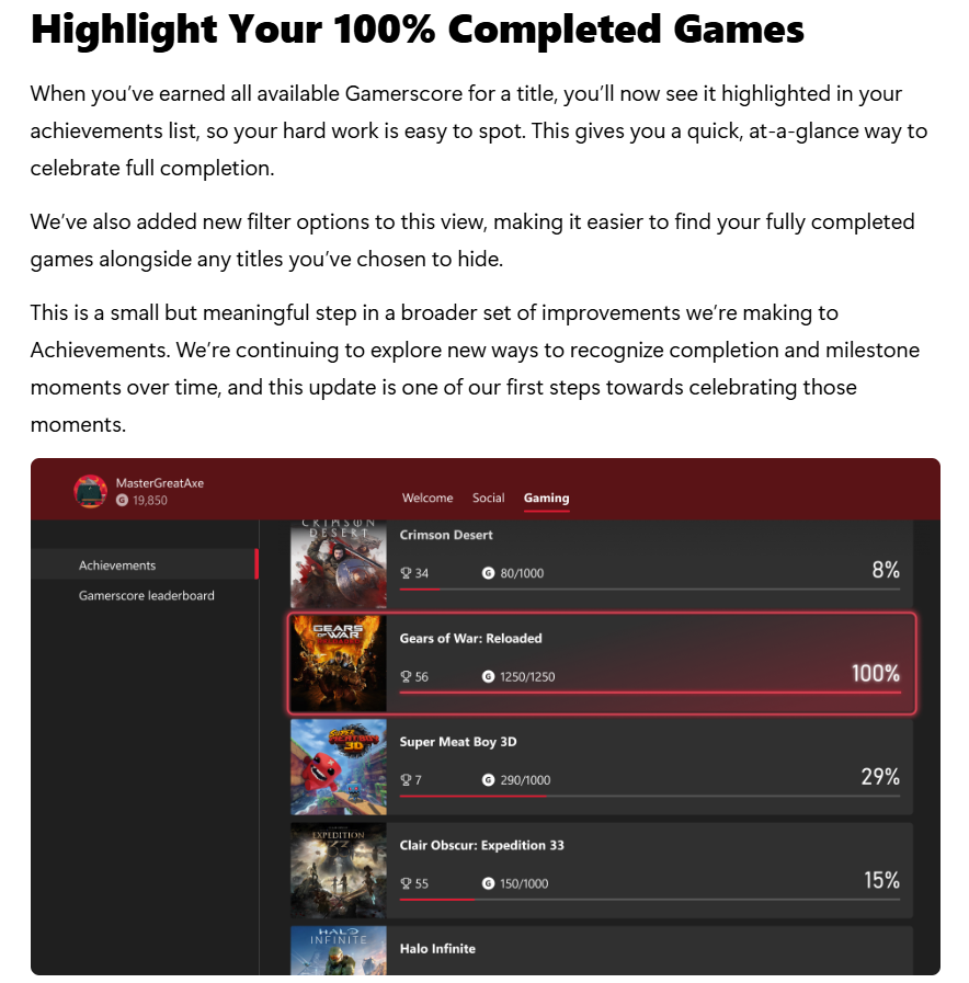 Wario64's tweet photo. Available for Xbox Insiders: New Improvements to Achievements https://t.co/zs2NMKaQky

-Visual Refresh
-Hide games from Achievement list
-Highlight 100% completed games https://t.co/EIJv96pL2C
