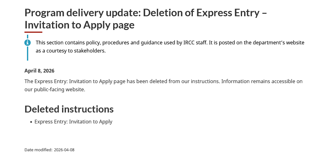 TTRRMK's tweet image. Program delivery update: Deletion of Express Entry – Invitation to Apply page canada.ca/en/immigration…