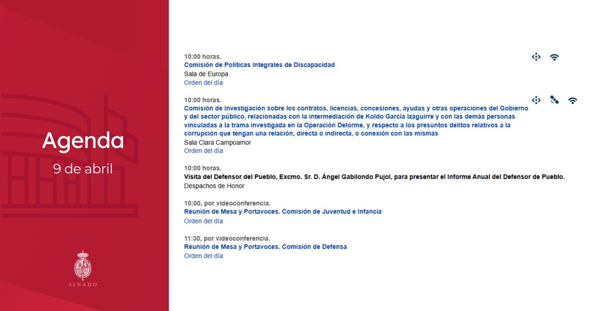 Senadoesp's tweet image. 👉 Agenda del #Senado para mañana #9Abril:
 
➡️ Actividad de #Comisiones
➡️ Visita del @DefensorPuebloE, Ángel Gabilondo Pujol

📄 senado.es/web/actividadp…