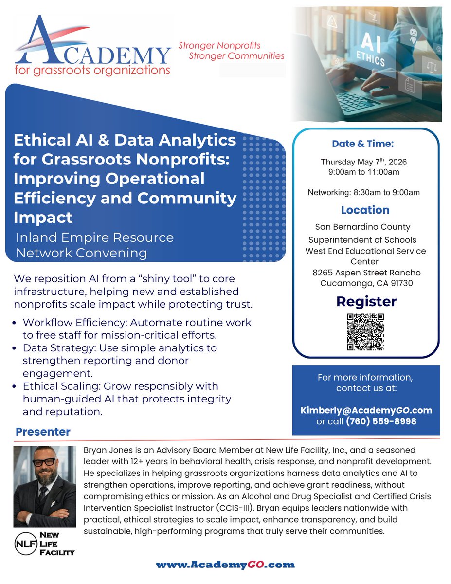 AcademyGOIE's tweet photo. YOU’RE INVITED 📷📷
Topic: Ethical AI &amp; Data Analytics for Nonprofits
📷 Speaker: Bryan Jones
📷 May 7 | 9:00 AM PDT
📷 Location: 8265 Aspen St, Rancho Cucamonga, CA 91730
📷Register: https://t.co/mTEwrGsAAP

#AcademyGOIE #IENonprofits https://t.co/h0hFc2BomX