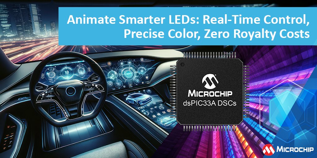 MicrochipTech's tweet image. Transform your lighting designs with dsPIC33AK DSC + OSRAM OSP: vibrant colors, precise brightness, real-time calibration and advanced animation with a 200 MHz CPU. This royalty-free lighting enables lower costs and faster development. Learn more: mchp.us/41f0Ei0.