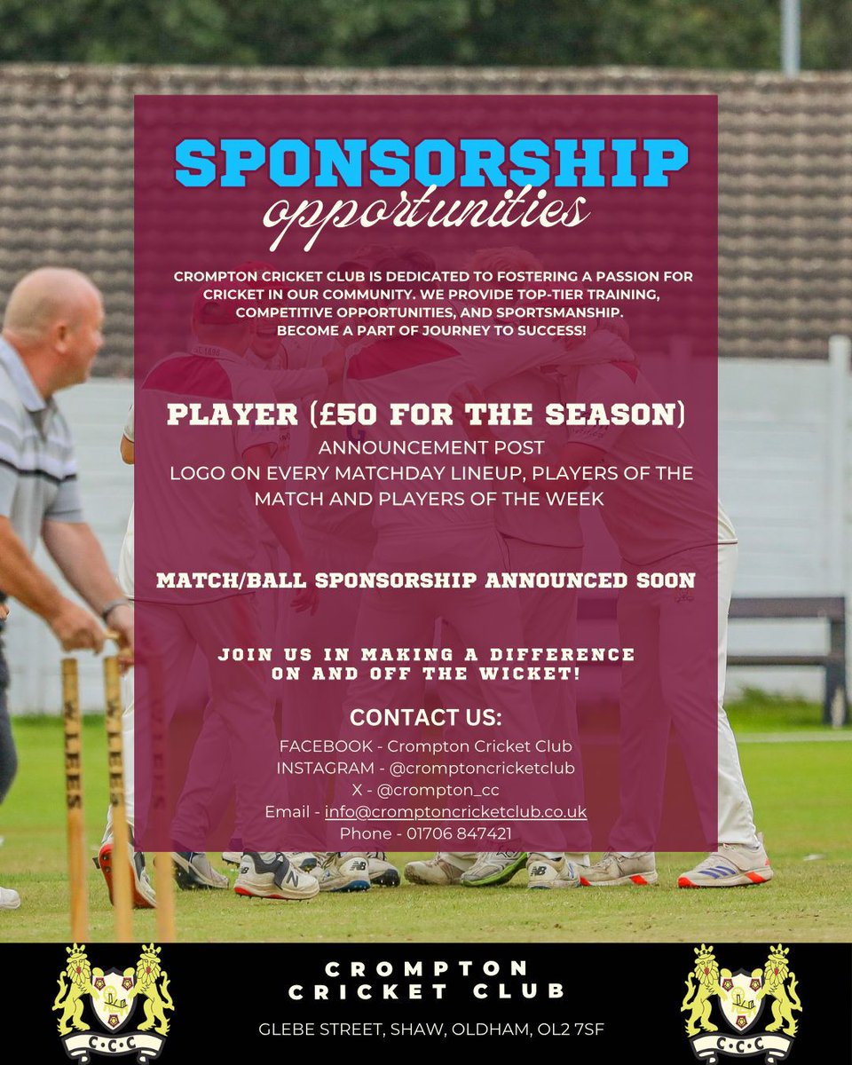 crompton_cc's tweet photo. 📣 New Player Sponsorship announcements 📣

We’re delighted to announce that Saddleworth Motor Services are sponsoring Kyle Barker and Jordan Allison for the upcoming season!

A big thank you for your continued support—it makes a huge difference both on and off the field! https://t.co/usP1rToQoJ