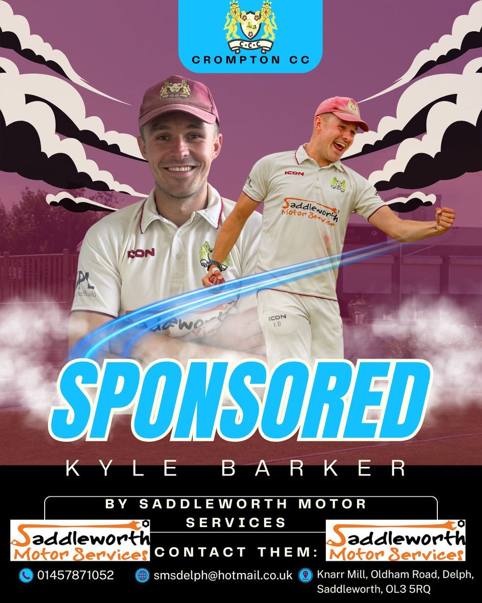 crompton_cc's tweet photo. 📣 New Player Sponsorship announcements 📣

We’re delighted to announce that Saddleworth Motor Services are sponsoring Kyle Barker and Jordan Allison for the upcoming season!

A big thank you for your continued support—it makes a huge difference both on and off the field! https://t.co/usP1rToQoJ