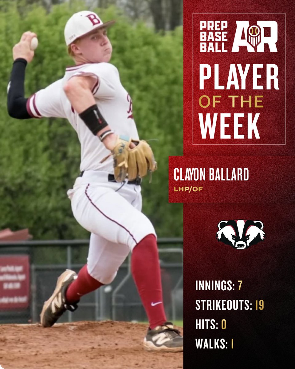 PrepBaseballAR's tweet photo. 🏆 𝐀𝐀𝐀 𝐏𝐥𝐚𝐲𝐞𝐫 𝐨𝐟 𝐭𝐡𝐞 𝐖𝐞𝐞𝐤: 𝐖𝐞𝐞𝐤 𝐅𝐢𝐯𝐞 🏆

2027 LHP/OF @CTBallard09 from Beebe High School takes home the week five honors after a masterful performance against a top 5 opponent.

The Junior went 7 innings on the mound and racked up 19 strikeouts in a No-Hit performance.

🔗: https://t.co/efTB8Kh12R