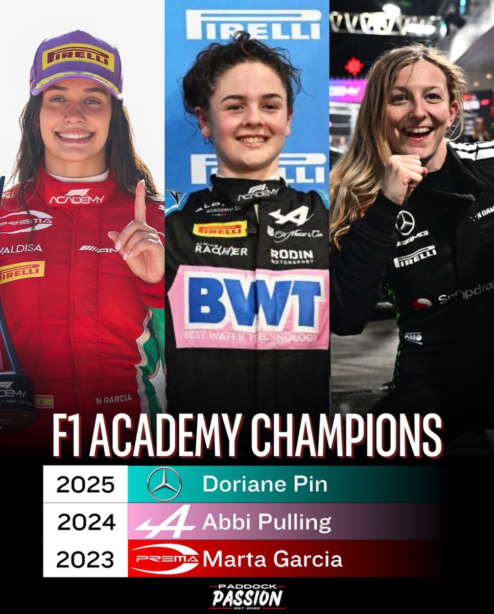 44lewdc's tweet photo. marta garcia, abbi pulling, doriane pin - 2023, 2024 and 2025 f1 academy champions https://t.co/7iIxWdgFZp