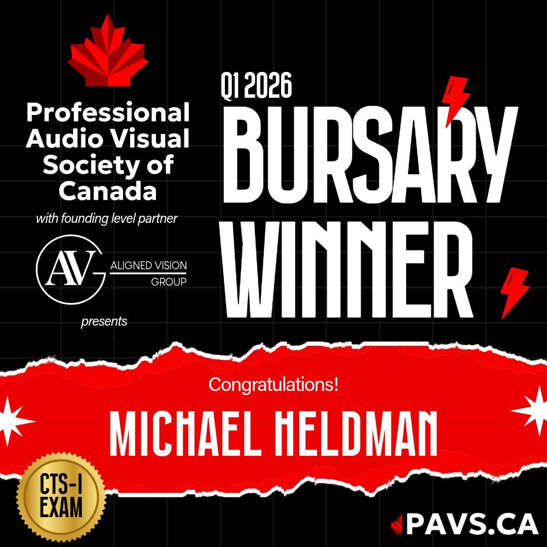 Congratulations to Michael Heldman, recipient of the PAVSC and Aligned Vision Group Q1 2026 Bursary for his CTS‑I exam. His name was randomly drawn during our live selection on March 31. Proud to support AV professionals and give back to our community.
