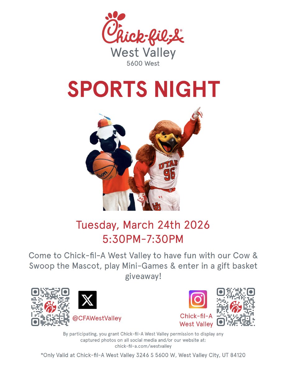 CFAWestValley's tweet photo. March 24th, join us for Sports Night at Chick-fil-A West Valley on 5600 W! 
Come participate in a night to remember packed with mini games, a meet &amp; greet with Swoop the UTES Hawk &amp; our Cow! 🔥🙌 

Tell us your favorite sport below!👇🐄
.
.
.
.
.
#sportsNight #football #soccer https://t.co/Ja14XpNg56