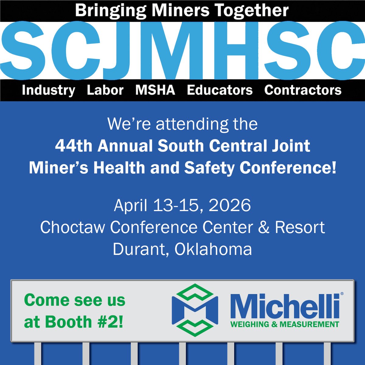 Michelli_WM's tweet photo. We're heading to Durant! Michelli Weighing &amp; Measurement is excited to exhibit at the 44th Annual South Central Joint Mine Health &amp; Safety Conference.

📅 When: April 13-15, 2026
📍 Where: Choctaw Conference Center &amp; Resort | Durant, OK
🏢 Find us at: Booth #2 https://t.co/XjMFu1Us09