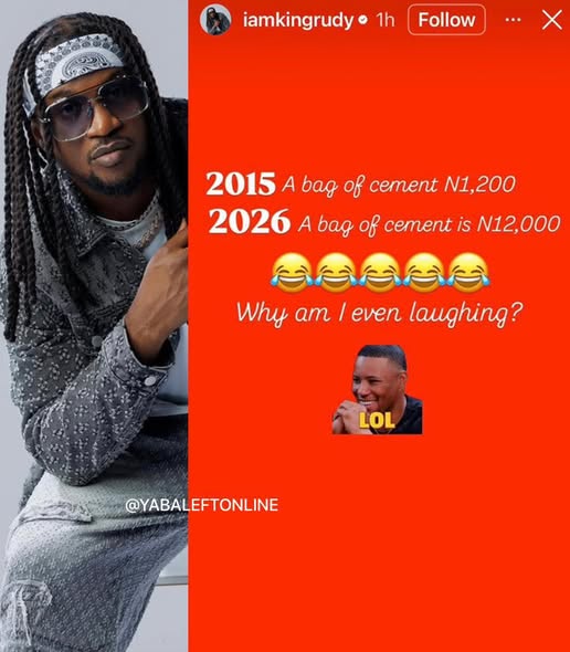 yabaleftonline's tweet image. Singer Paul Okoye highlights the significant difference in the price of a bag of cement in 2015 and 2026.