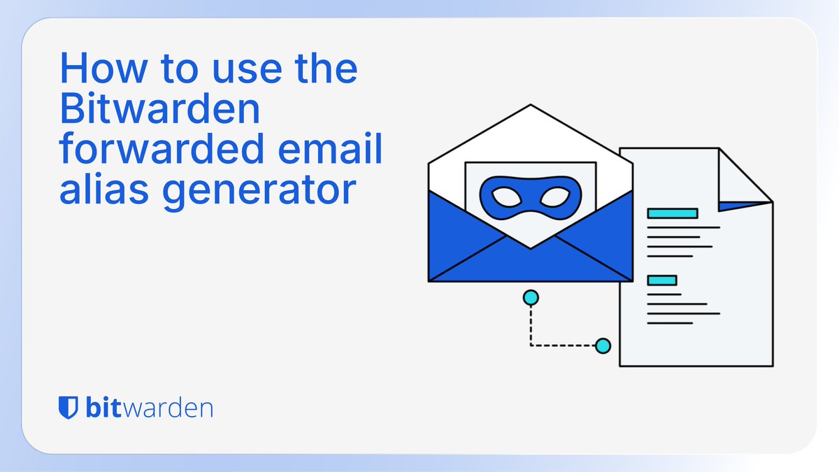 Bitwarden's tweet image. Email aliases add a meaningful layer of privacy to everyday online activity. Learn how the forwarded email alias generator included in Bitwarden makes managing these aliases simple: btwrdn.com/3PX7dDI #cybersecurity