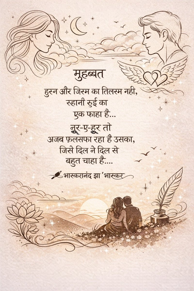 मुहब्बत

हुस्न और जिस्म का
तिलस्म नही,
रुहानी हुई का एक फाहा है..!

नूर-ए-हूर तो
अजब फलसफा रहा है उसका,
जिसे दिल ने दिल से बहुत चाहा है.!!

~भास्करानंद झा 'भास्कर
<a href="/bhaskaranjha/">BHASKAR JHA</a>