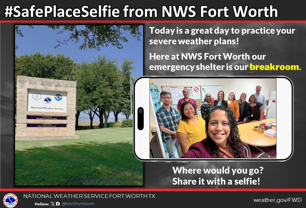 NWSFortWorth's tweet image. 🤳Here’s our #SafePlaceSelfie from @NWSFortWorth! If hazardous weather threatens while we’re at work, our designated safe place is the breakroom. 
🤔Do you know where you would go at home, work, or school? 
Share your safe place with #SafePlaceSelfie #dfwwx #ctxwx #txwx