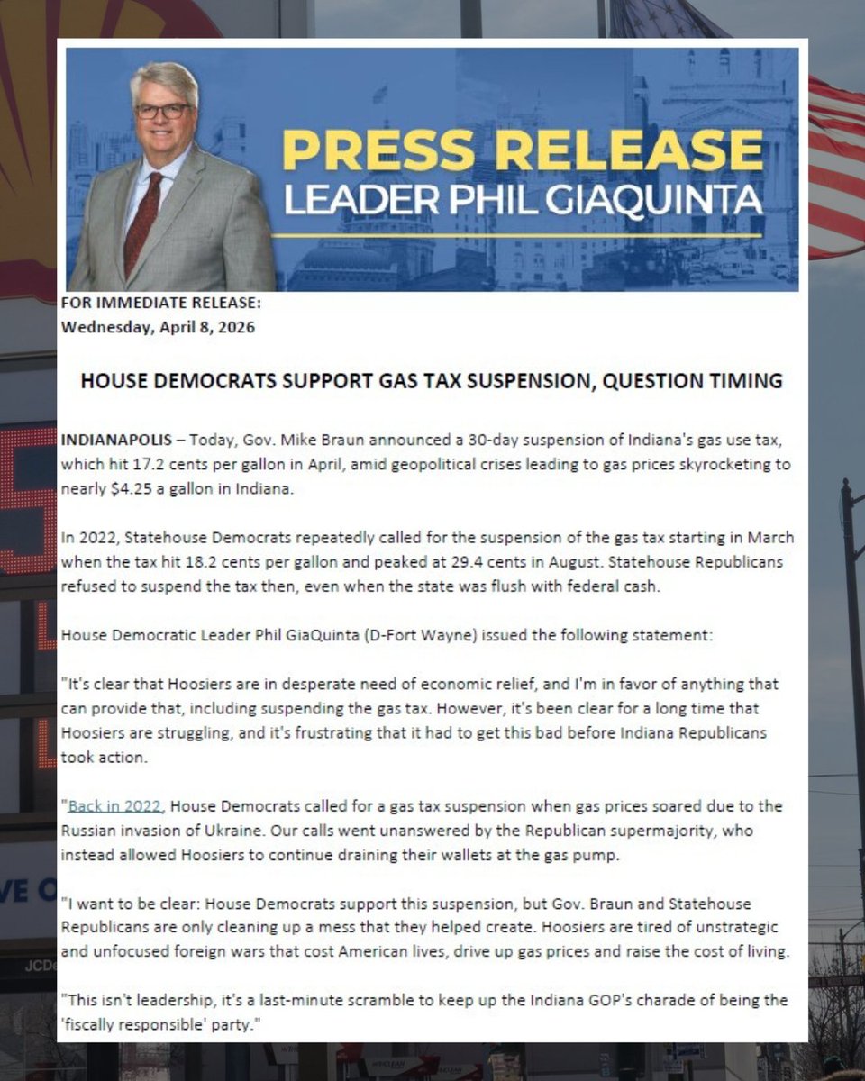 inhsedems's tweet photo. Our statement on the 30-day suspension of the gas tax: https://t.co/2NYOSu6yre