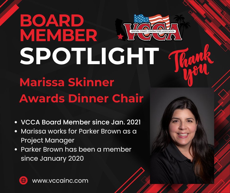 Marissa Skinner is on the Ventura County Contractors Association Board of Directors and is the Awards Dinner Chair! Our Board of Directors promote the VCCA with our mission in mind.   vccainc.com