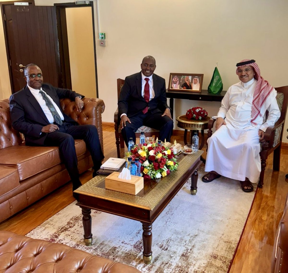 KSAembassyKE's tweet photo. His Excellency the Ambassador of the Custodian of the Two Holy Mosques, Mr. Saad bin Abdullah Al-Nofaia, met with His Excellency the Ambassador of the Republic of Kenya to the Kingdom, Mr. Joseph Musyoka Masila, and His Excellency the Secretary for Diaspora Investment, Skills and Entrepreneurship AMB. Isaiya Kabira, During the meeting, they discussed issues of common interest 🇸🇦🇰🇪.
