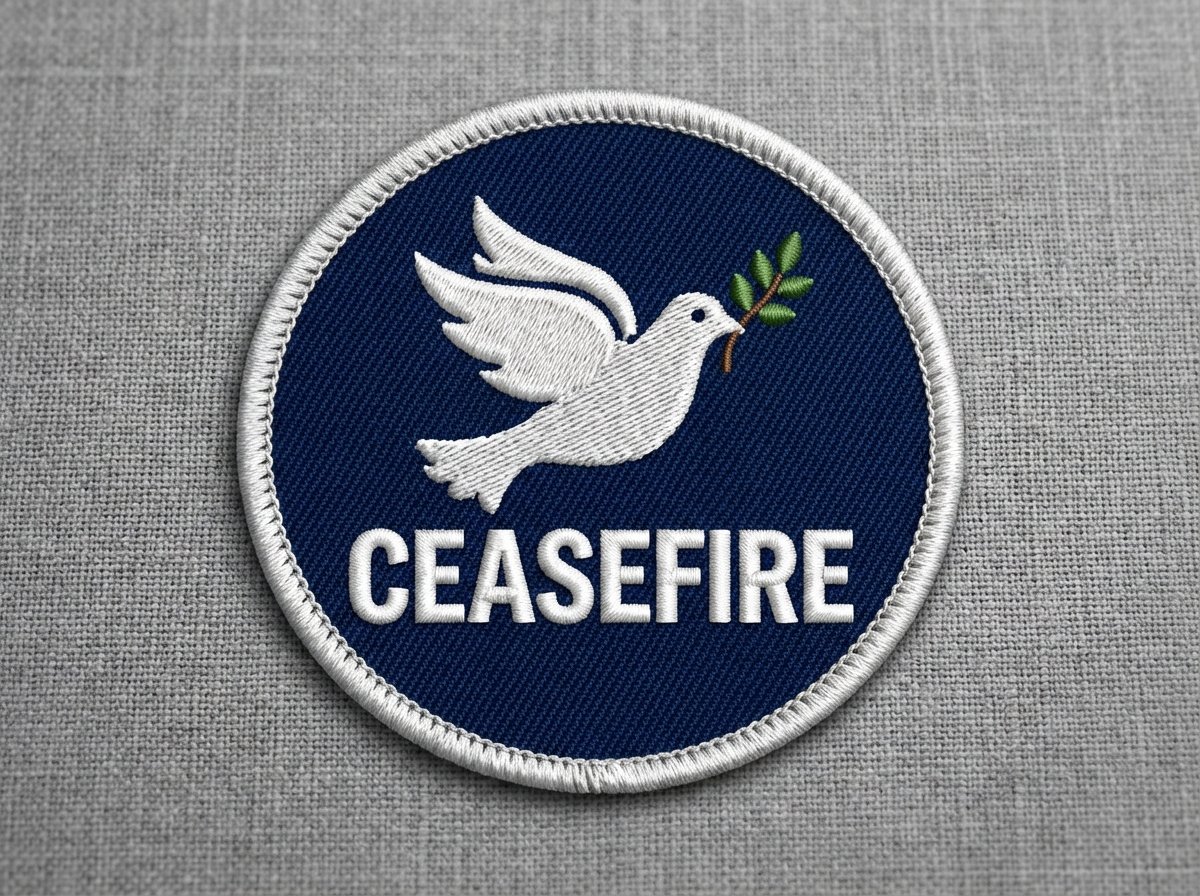 DigitEMB's tweet photo. The time for peace is NOW. 🕊️ This "Ceasefire" patch symbolizes our shared humanity and the urgent need to end hostilities globally. Let’s choose dialogue over destruction. Support the movement for a safer world. Custom design inquiries: support@digitemb.com. https://t.co/aAsKJkVWh2