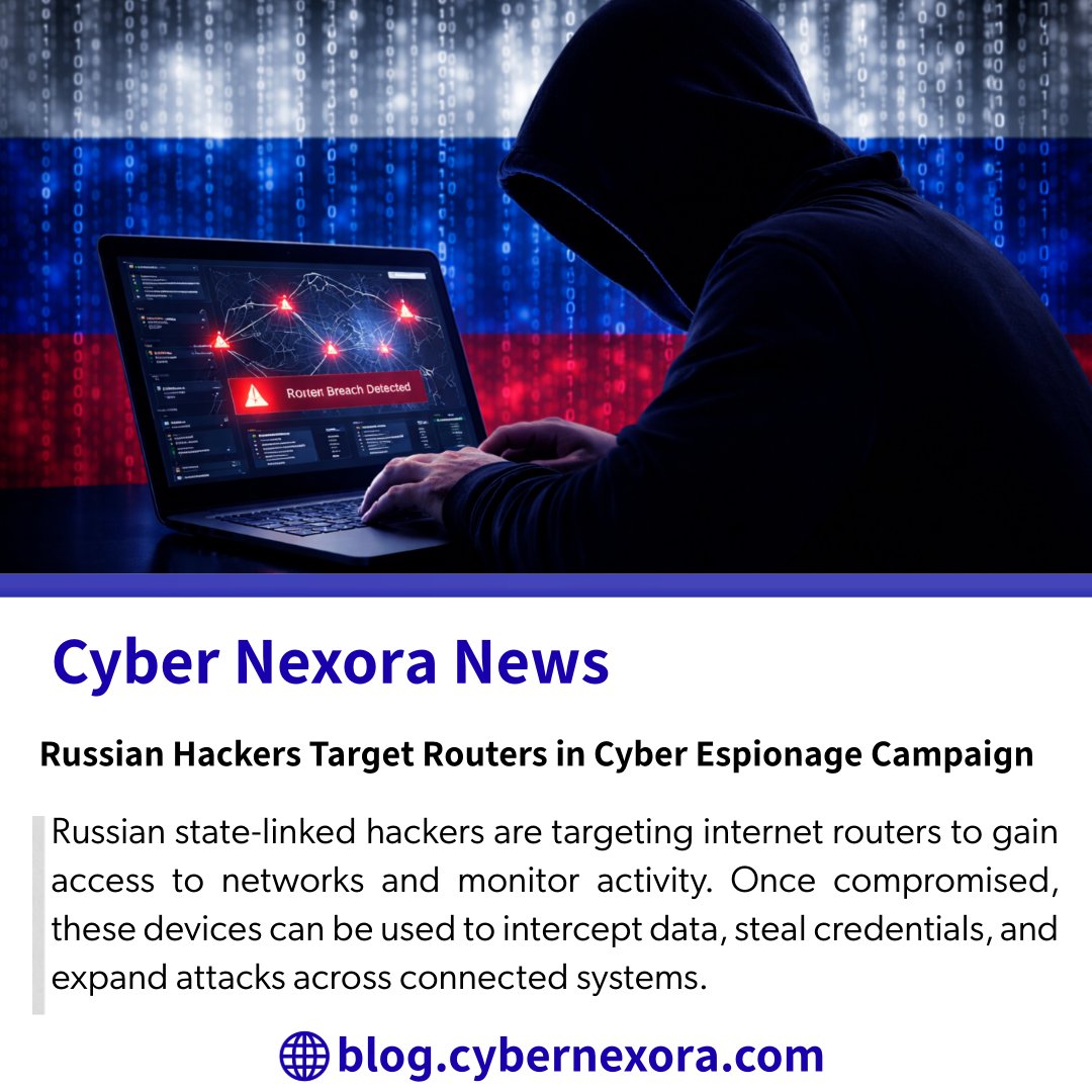 CyberNexoraNews's tweet image. Hackers are targeting routers to monitor traffic and steal credentials.
Your network could be next.
#RussianHackers #CyberEspionage #RouterSecurity #CyberAttack #CyberNexoraNews