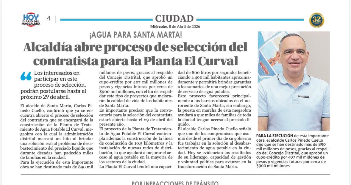 #CarlosPinedoCumple  hoy <a href="/CarlosPinedoC/">Carlos Pinedo Cuello</a> empieza a hacer realidad el sueño de todos los samarios: el inicio del proceso para contratar la construcción de la Planta El  Curval que beneficiará  con el abastecimiento de agua a más de 400 mil habitantes. Gracias, alcalde.