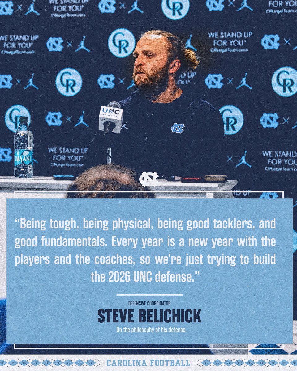 UNCFootball's tweet image. Defensive Coordinator Steve Belichick and Special Teams Coach Billy Miller at the podium. 🎙️
