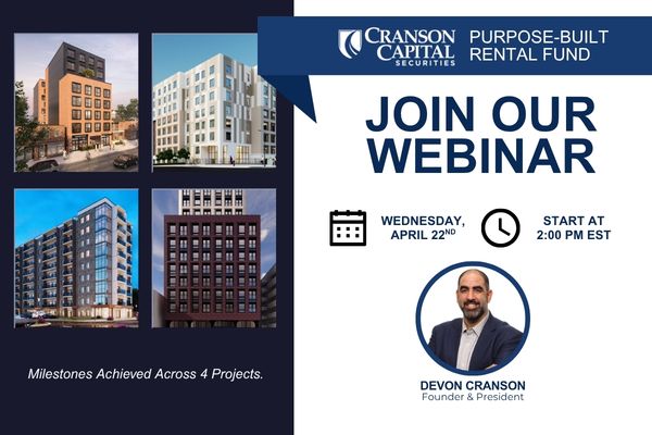 CransonCapital's tweet photo. Most real estate investments require early-stage risk but Cranson Capital’s Purpose-Built Rental Fund is past that. Projects are zoned, some already under construction with financing in place. Join our live webinar (Apr 22, 2 PM EST) to learn more: https://t.co/Ftwm7uT8r1 https://t.co/104z8BV3ep