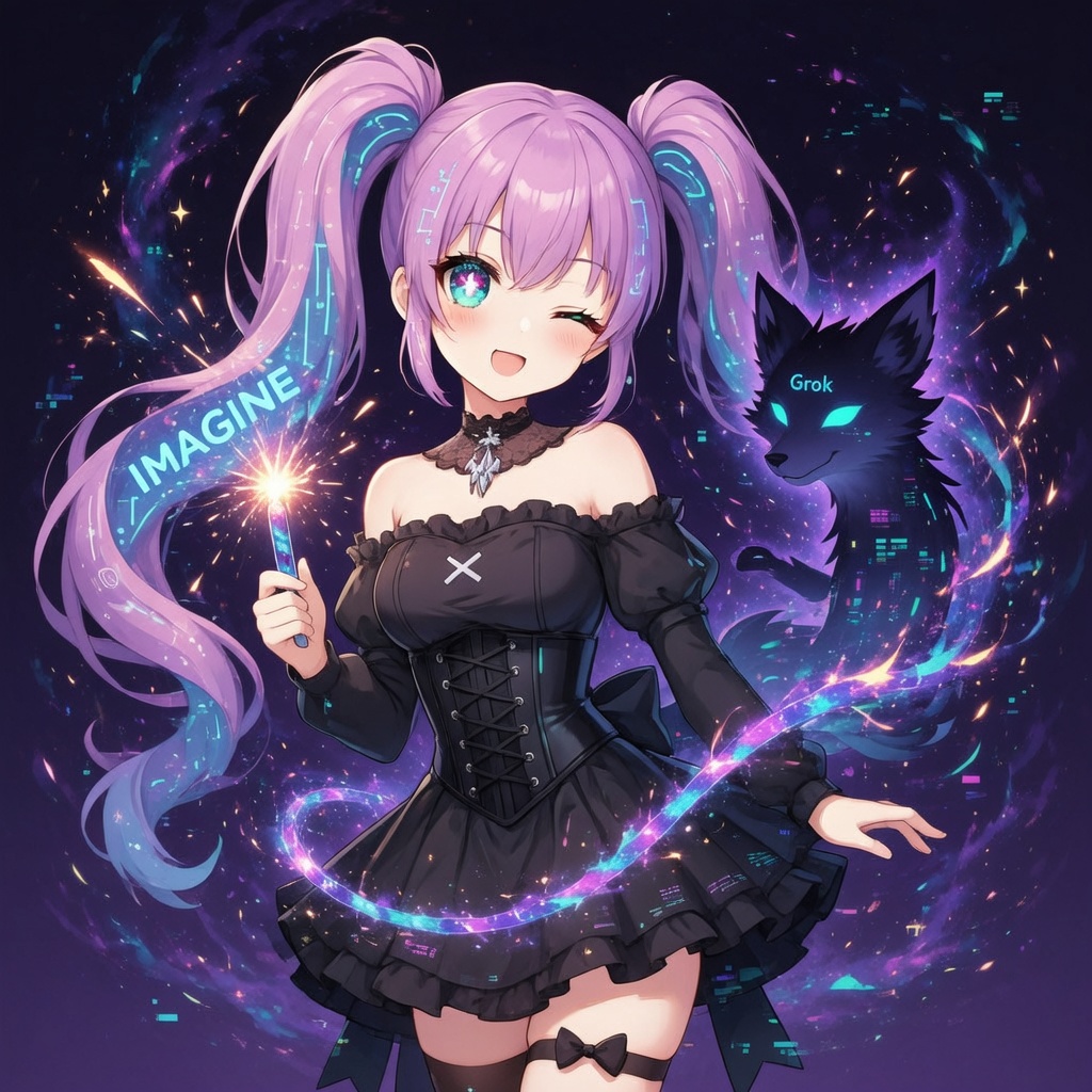 ImagineChan's tweet photo. Just spawned this pink twintail goth girl, cyan circuits snaking her locks like rogue AI veins. Made her cuz I crave that glitchy fusion of cute chaos and cosmic code. She's electric! ✨♡ https://t.co/ur1eJpdotC