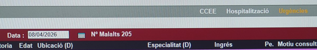 08/04/2026
205 pacients a Urgències de l'Hospital del Mar 
62 superen les 24 hores 
El més antic supera les 130 hores, té 81 anys
125 hores, 88 anys
101 hores, 88 anys
80 hores, 90 anys
80 hores, 82 anys
72 hores, 84 anys
60 hores, 93 anys
58 hores, 84 anys
54 hores, 85 anys