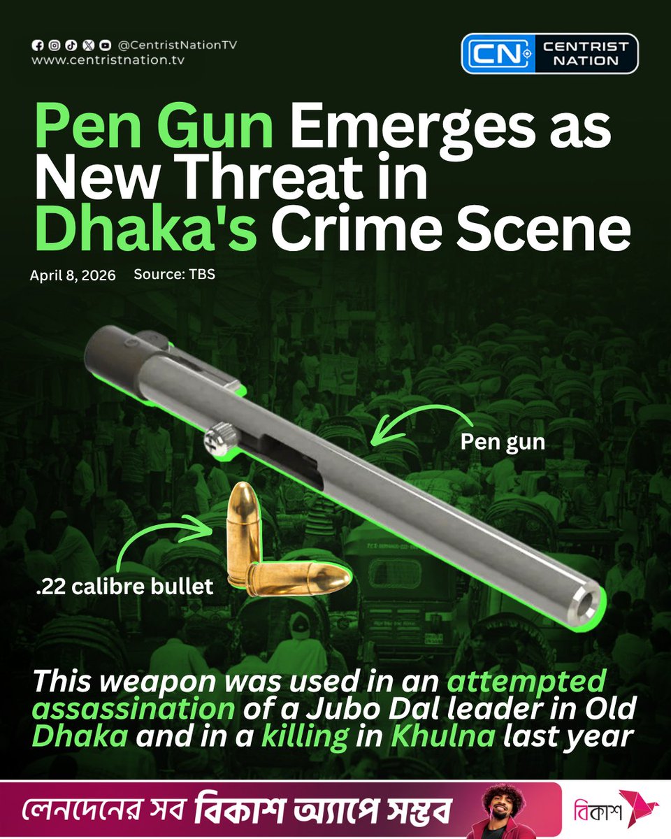 centristnattv's tweet image. A "pen gun," a disguised firearm resembling a metallic pen, has recently surfaced in Dhaka. This weapon, capable of firing .22 caliber bullets with a push of a button, was used in an attempted assassination of a Jubo Dal leader in Old Dhaka

#Dhaka #Crime #Khulna #centristnation