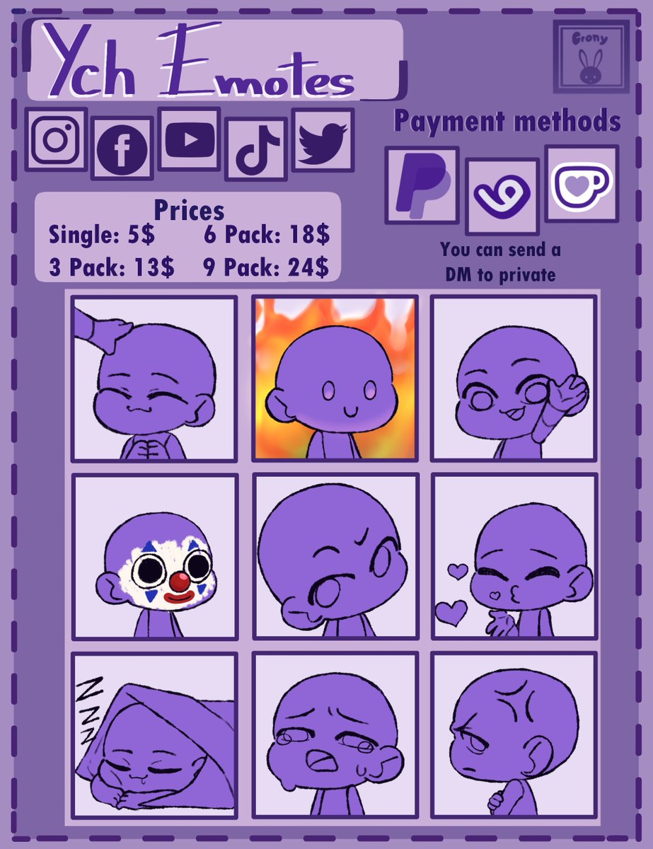 CronyUwU1's tweet photo. Ych Emotes💜 

✨Chibi examples
✨If you are interested you can send a DM and the link to order the commission is in the bio   

Single:5$
3 Pack:13$
6 Pack:18$
9 Pack:24$

#VGenOpen #emotes #ychemotes #ychcommission #chibi #ych https://t.co/kp3q1gKIsL