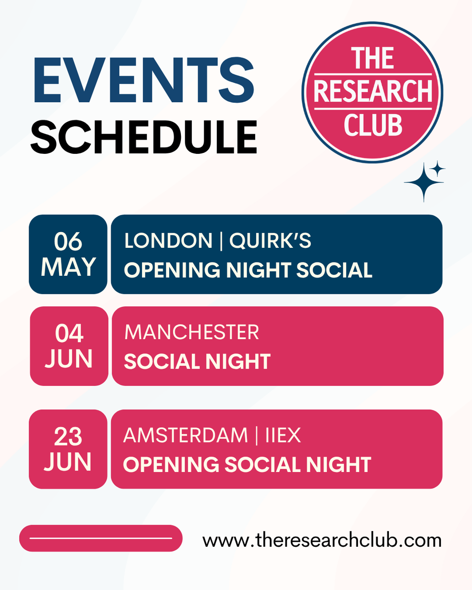 TheResearchClub's tweet photo. It's nearly time to get together again ✨

Here's what we have lined up for you this spring and early summer — from a London opening night social to a big one in Amsterdam. Head to: https://t.co/TsYFc0kpAh for more info and tickets. https://t.co/RDD26MDpUA