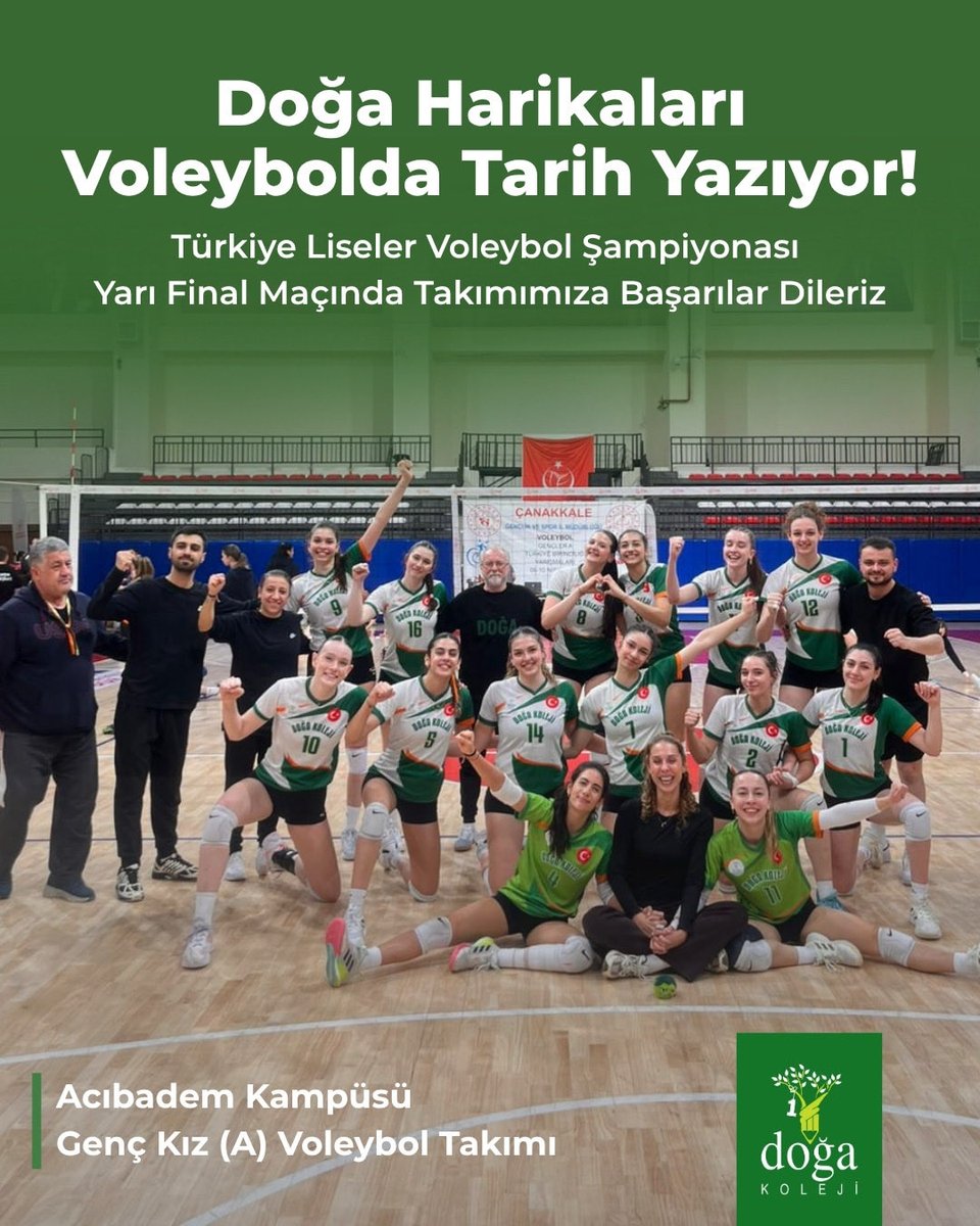 Acıbadem Kampüsü Genç Kız (A) Voleybol Takımımız, Türkiye Liseler Voleybol Şampiyonası yarı finalinde sahaya çıkıyor.

Mücadele, disiplin ve takım ruhuyla yazılan bu yolculukta yanınızdayız.

Haydi Doğa, saha senin! 🏐🏆

#TürkiyeninDoğası #SporunDoğası