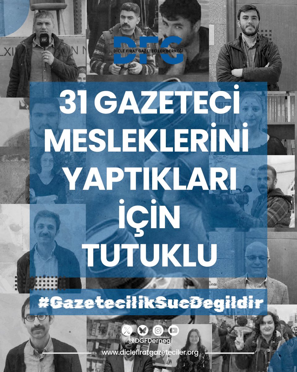 📌CEZAEVİNDE 3️⃣1️⃣ GAZETECİ TUTUKLU OLARAK TUTULMAYA DEVAM EDİYOR

📰 Nedim Oruç
•Ajans Welat muhabiri.
•2026 Ocak ayında haber takibi yaptığı esnada darp edilerek gözaltına alındıktan sonra tutuklandı.  

📰 Alican Uludağ
•Deutsche Welle Türkçe muhabiri, yargı ve insan hakları