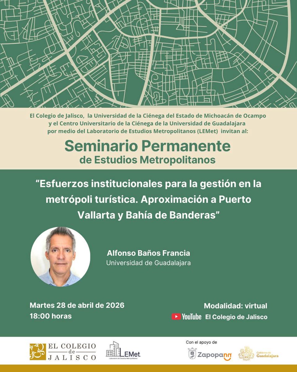 LEMet333060's tweet photo. En la próxima sesión del Seminario Permanente contaremos con la participación del Dr. Alfonso Baños @cyberponx 
#Metrópolis #Territorios #Gobernanza https://t.co/pYBIT2FmCG