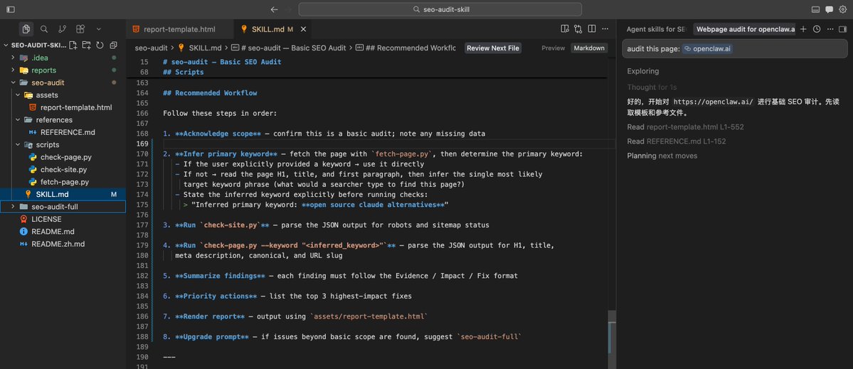 CoderJeffLee's tweet image. 花了大概 2 小时，seo-audit-skill 开发进度到 50%，里面有我很多实战的总结

顺手拿 OpenClaw 官网首页跑了一遍，哈哈 SEO 确实欠佳，不过人家压根不用靠 SEO 😂

等 v1.0 出来，欢迎大家使用！开源 + 免费，期待交流～