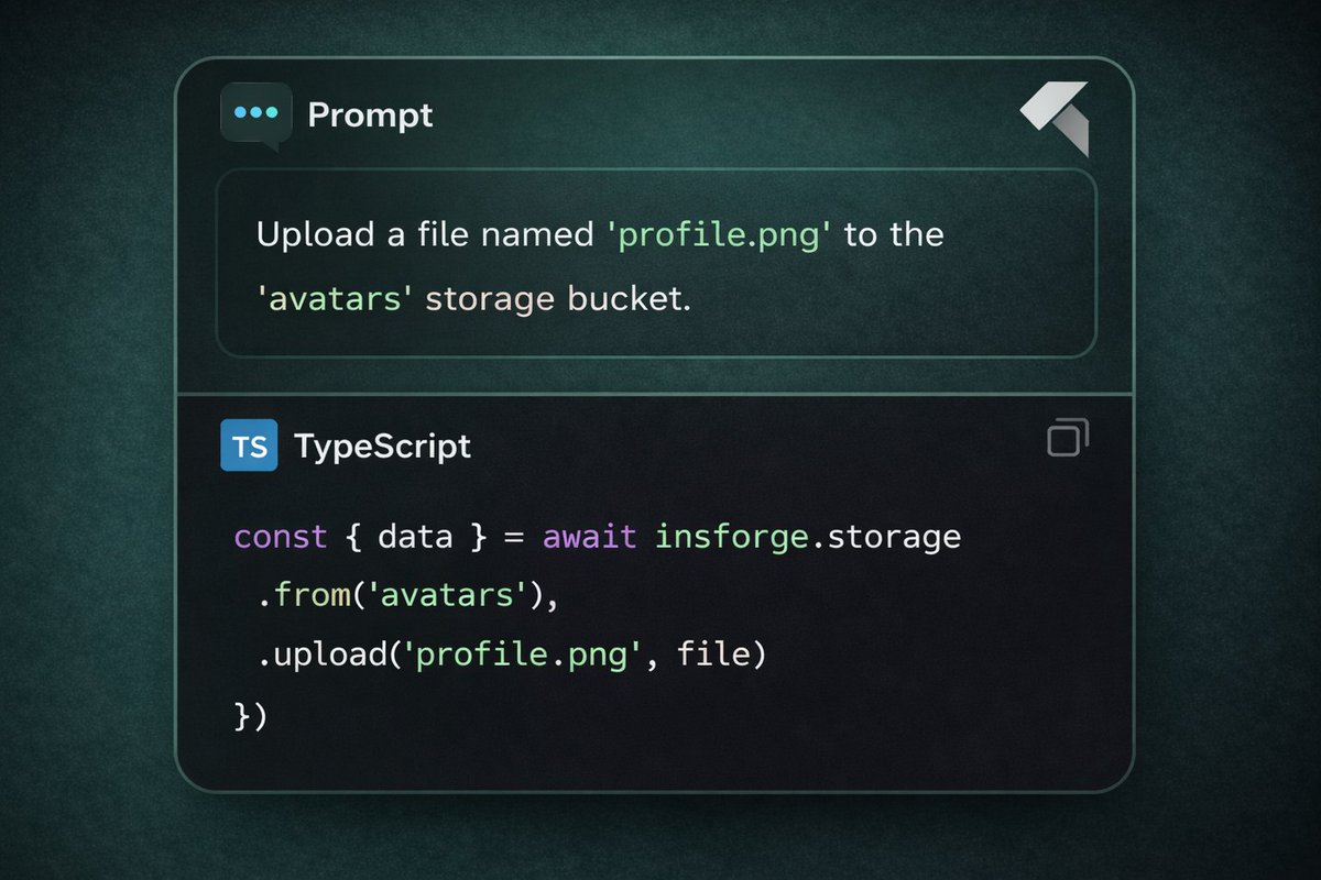 InsForge_dev's tweet image. Upload a file with intent.
Store profile.png in avatars in one call.

Built with InsForge.
#storage #opensource #baas #developer