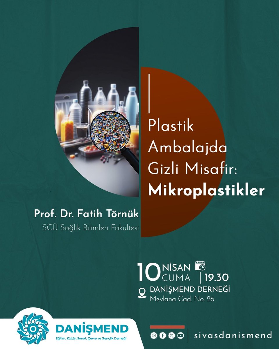 sivasdanismend's tweet photo. Düşünce Okulunda bu hafta Prof. Dr. Fatih Törnük "Plastik Ambalajlarda Gizli Misafir: Mikroplastikler" konusuyla bizlerle olacak.

10 Nisan Cuma, saat 19.30'da, dernek merkezimizdeki programa davetlisiniz.
.
.
#danişmendderneği #Sivas https://t.co/Lcz2Xafsey